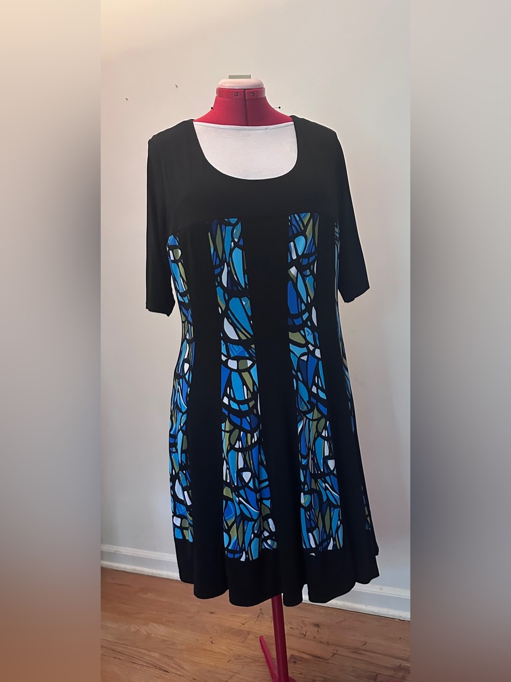 NorthStyle Black Blue Abstract Print A-Line Tunic Dress Size 14